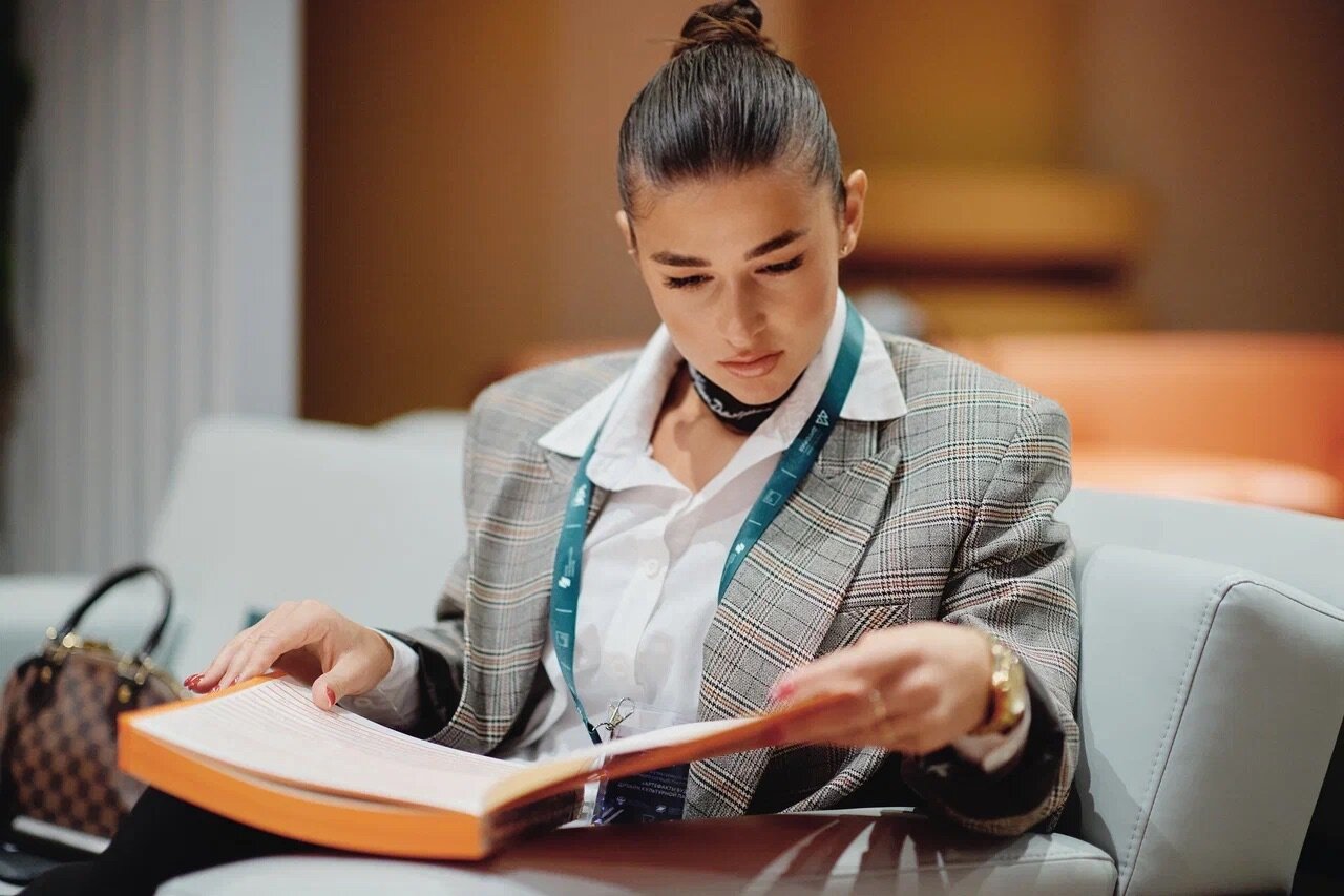 Reviewing materials in a conference lounge